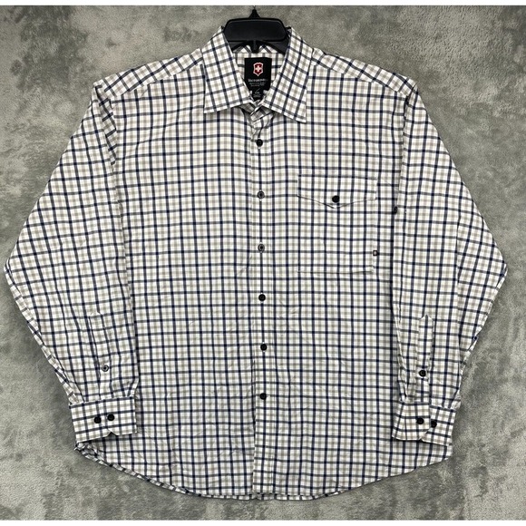 Victorinox Men's Shirt XXL White Plaid Long Sleeve Button Up Roll Tab‎ Sleeves - Picture 1 of 8